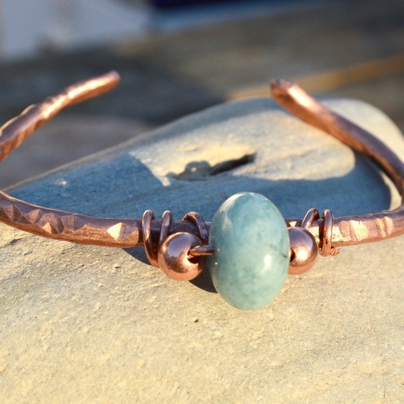 Genuine Aquamarine Gemstone Copper Cuff Bracelet - Picture 2 of 4